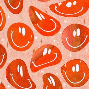 Trippy Bold Tomato Red Smiley Face - Bright Red Orange Smiley Face - Bright Red Orange over Red Orange Psychedelic Trippy Smiley Face - SmileBlob - xxtsf410w - 67.91in x 56.49in repeat - 150dpi (Full Scale)