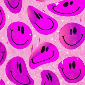 Trippy Bold Magenta Pink Smiley Face - Bright Magenta Pink Smiley Face - Bright Magenta Pink over Magenta Pink Psychedelic Trippy Smiley Face - SmileBlob - xxtsf411 - 67.91in x 56.49in repeat - 150dpi (Full Scale)