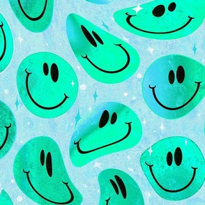 Trippy Bold Aqua Blue Smiley Face - Bright Aqua Blue Smiley Face - Bright Aqua Blue over Aqua Blue Psychedelic Trippy Smiley Face - SmileBlob - xxtsf413 - 67.91in x 56.49in repeat - 150dpi (Full Scale)