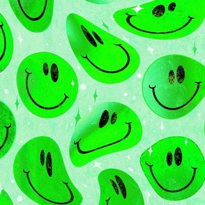Trippy Bold Lime Green Smiley Face - Bright Green Smiley Face - Bright Green over Green Psychedelic Trippy Smiley Face - SmileBlob - xxtsf414 - 67.91in x 56.49in repeat - 150dpi (Full Scale)