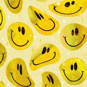 Trippy Bold Banana Yellow Smiley Face - Bright Yellow Smiley Face - Bright Yellow over Yellow Psychedelic Trippy Smiley Face - SmileBlob - xxtsf415 - 67.91in x 56.49in repeat - 150dpi (Full Scale)