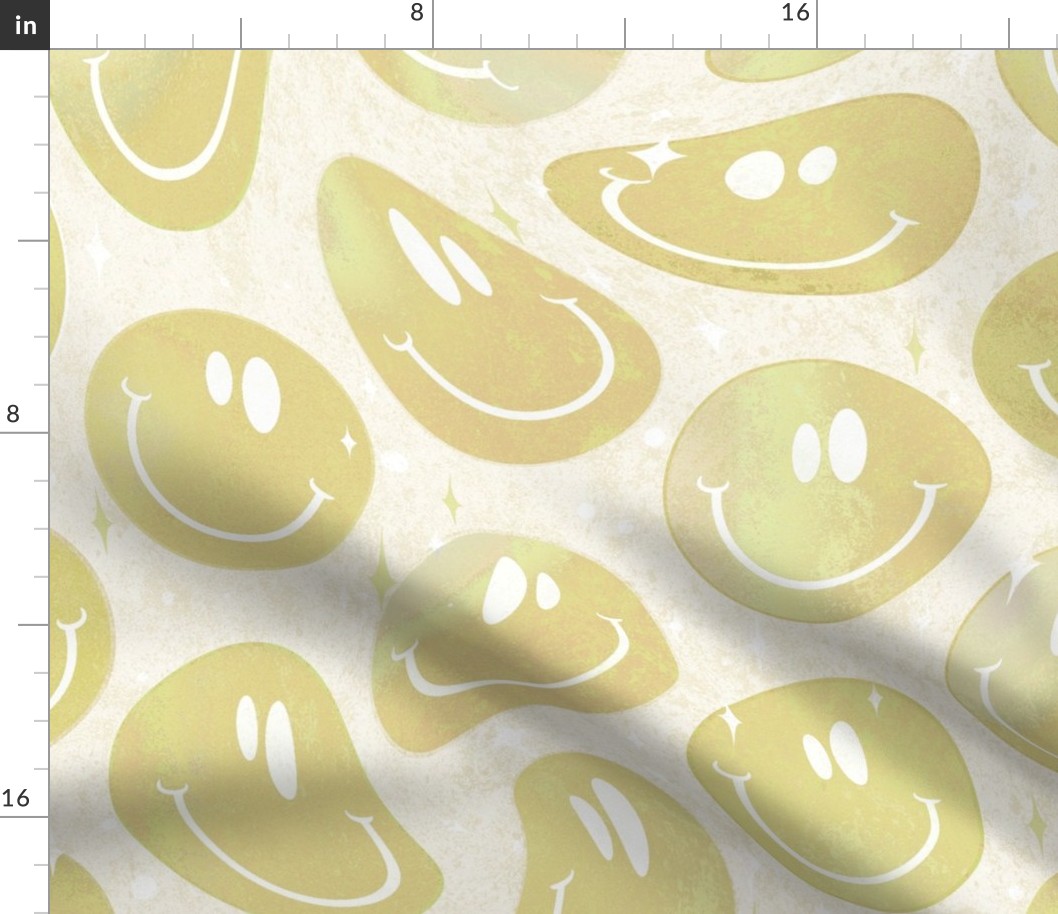 Trippy Boho Gold Smiley Face - Boho Gold Smiley Face - Pale Yellow Trippy Smiley Face - SmileBlob - xxtsf503 - 67.91in x 56.49in repeat - 150dpi (Full Scale)