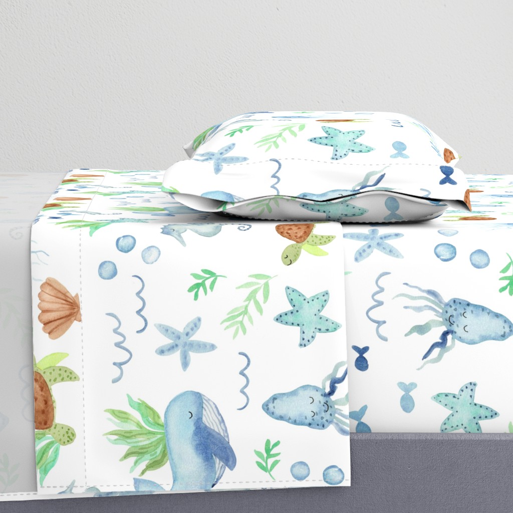 Ocean dreams / large / coastal watercolor for cute kids rooms with whimsical whales, seahorses and turtles