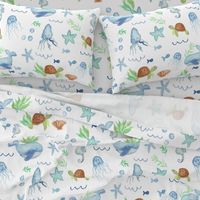 Ocean dreams / large / coastal watercolor for cute kids rooms with whimsical whales, seahorses and turtles