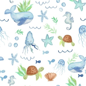 Ocean dreams / large / coastal watercolor for cute kids rooms with whimsical whales, seahorses and turtles