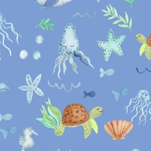 Ocean dreams coastal watercolor for kids bedding on blue with cute whales, seahorses and turtles in blue and green