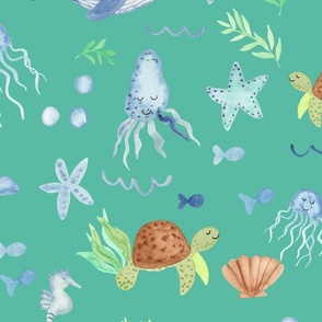 Ocean dreams coastal watercolor for kids bedding on bright green with cute whales, seahorses and turtles in blue and green
