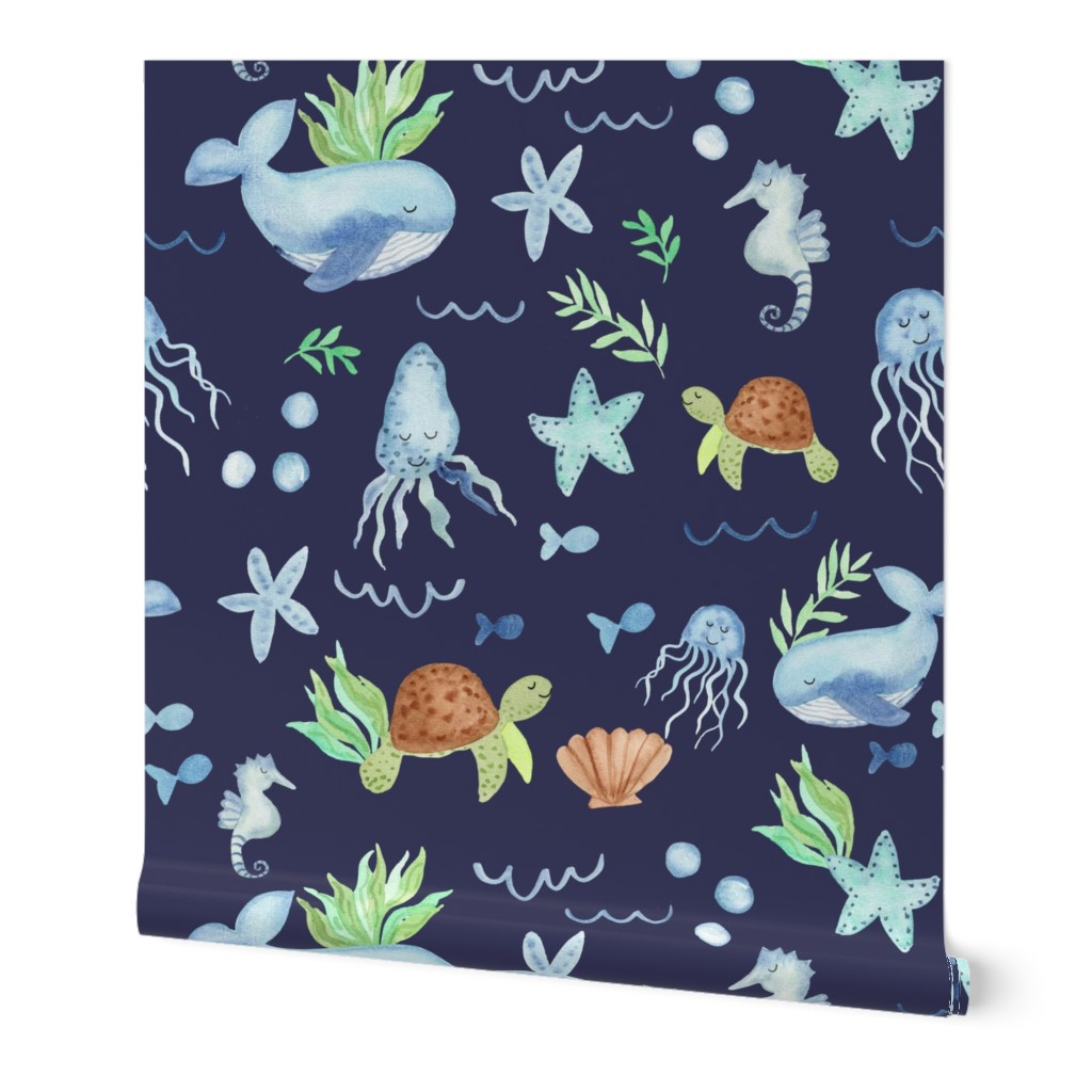 Ocean dreams coastal watercolor for kids bedding on navy with cute whales, seahorses and turtles in blue and green