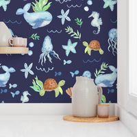 Ocean dreams coastal watercolor for kids bedding on navy with cute whales, seahorses and turtles in blue and green