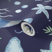 Ocean dreams coastal watercolor for kids bedding on navy with cute whales, seahorses and turtles in blue and green