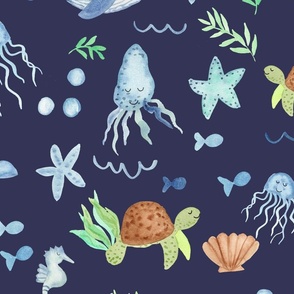 Ocean dreams coastal watercolor for kids bedding on navy with cute whales, seahorses and turtles in blue and green