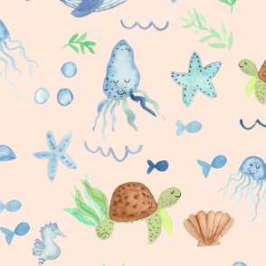 Ocean dreams coastal watercolor for kids bedding on pink with cute whales, seahorses and turtles in blue and green