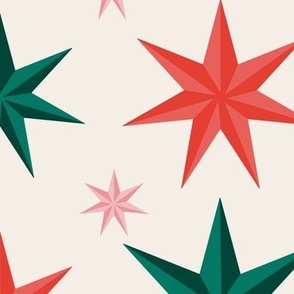 holiday stars in bright red, teal green, and light pink on beige // medium