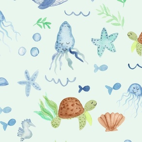 Ocean dreams coastal watercolor for kids bedding with cute whales, seahorses and turtles in blue and green
