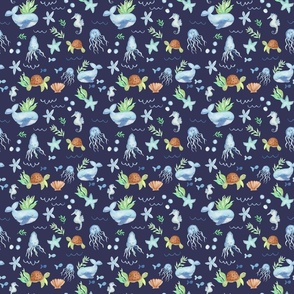 Medium Navy Ocean watercolor for kids with cute whales, seahorses and turtles in blue and green