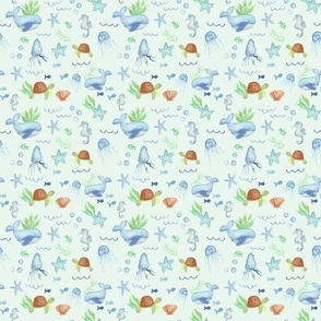 Medium Ocean watercolor for kids with cute whales, seahorses and turtles in blue and green