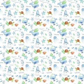 Medium Ocean watercolor for kids with cute whales, seahorses and turtles in blue and green