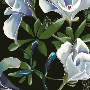 [XLarge] White-Blue Bouquet Painting on Black