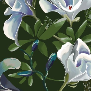 [XLarge] White-Blue Bouquet Painting on Dark Green