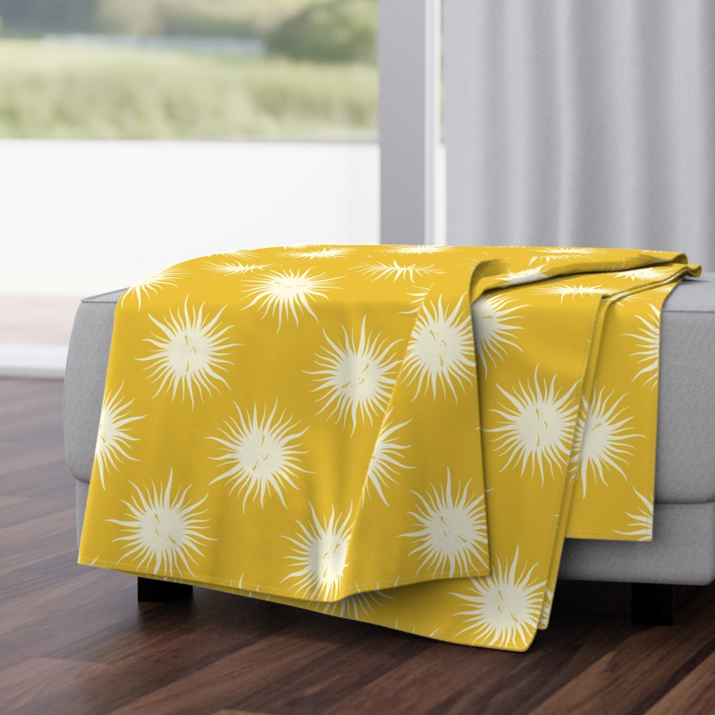 Cute sleepy white suns with smiley faces on saffron yellow