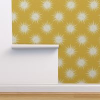 Cute sleepy white suns with smiley faces on saffron yellow