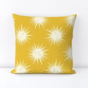 Cute sleepy white suns with smiley faces on saffron yellow