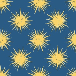 Cute sleepy yellow sun on navy blue, great for kids bedding or nursery decor