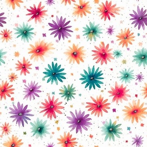 Tiny Whimsical Multi-colored Watercolor Daisies: Teal, Pink, Purple, and Orange.