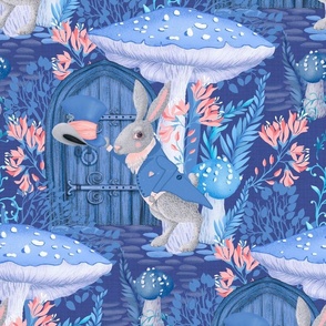 Alice's Enchanted Night Forest: Whimsical White Rabbit Amidst Dreams