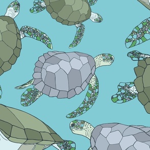 Swimming Sea Turtles on blue - large scale