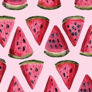 Juicy Watercolor Watermelons in Carmine Red on Baby Pink - Large Scale