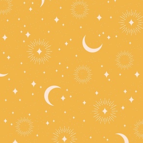 Celestial moons and stars // MEDIUM // eggshell white on saffron yellow