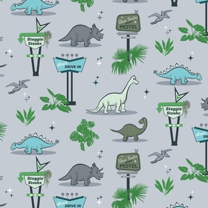 L ✹ Dinosaurs with 50's and 60's Mid Century Modern Signs in Grey, Green, Olive and Teal