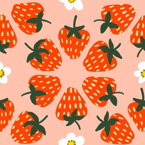 Vintage Strawberries and Flowers on Pink - Large