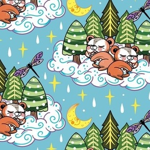 Sweet Slumber Little Bear Cubs | Woodland Animals in the Clouds | Blue Sky with Stars