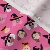 Groovy Cute Halloween Witch Faces on Bright PINK - 1 inch