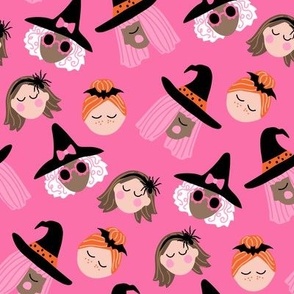 Groovy Cute Halloween Witch Faces on Bright PINK - 2 inch