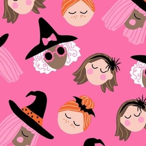 Groovy Cute Halloween Witch Faces on Bright PINK - 3 inch