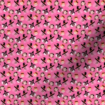Groovy Cute Halloween Witch Faces on Bright PINK - 1/2 inch