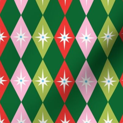 Retro Harlequin - Green, Red and Pink