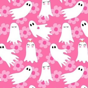 Bright PINK Flowers Halloween Ghosts Cute Groovy Happy - 2 inch