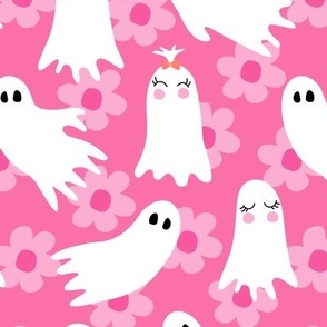 Bright PINK Flowers Halloween Ghosts Cute Groovy Happy - 3 inch