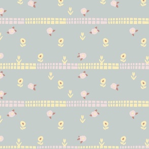LARGE:Little Pink and Light Yellow Blooms and Rectangles