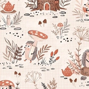 Fall kids design with cute hedgehogs and red mushrooms and warm neutral leaves on cream, medium scale