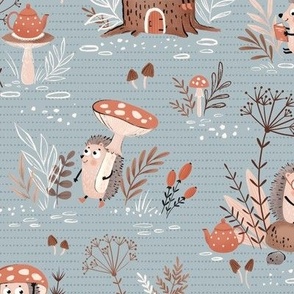 Fall kids design with cute hedgehogs and red mushrooms and warm neutral leaves on blue, medium scale