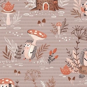 Fall kids design with cute hedgehogs and red mushrooms and warm neutral leaves on grey, medium scale