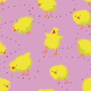 Handdrawn Cute Fluffy Yellow Easter Chicks and Corn on soft pink // Medium