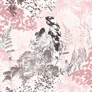 Modern Botanical Abstract, Pink & White Birds and Ferns, Coastal, Large scale