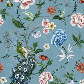 Chinoiserie-LARGE with peacocks, blue green, bright flowers, heritage