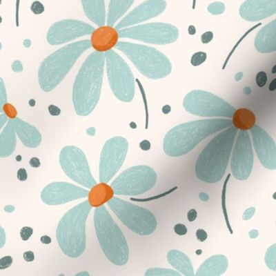 Pale teal cute retro daisies drawn in chalk on light background